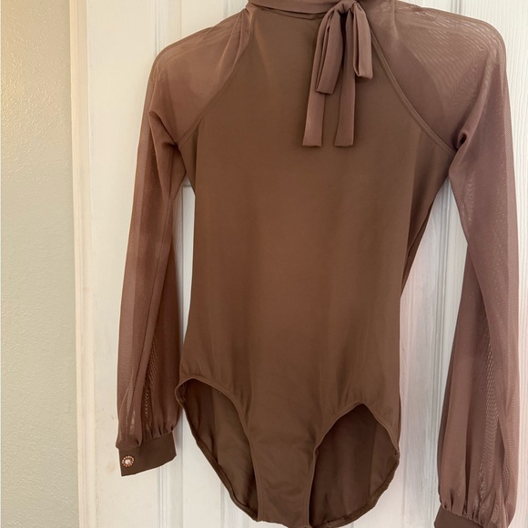 Balera Dance Brown Long Sleeve Bodysuit with Tie Neck Women’s size small adult - Picture 3 of 6